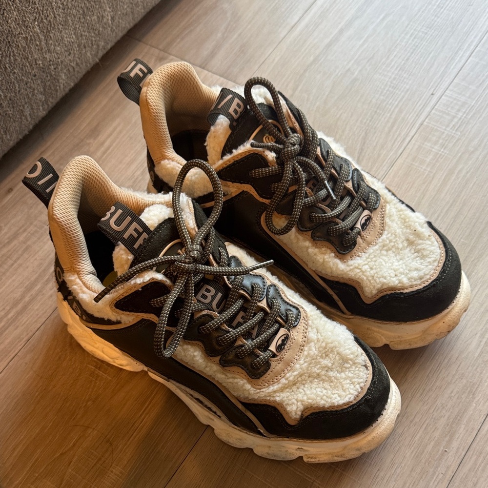 Buffalo London cream and dark brown Sherpa platform sneakers